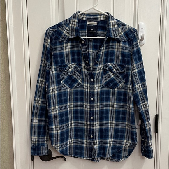 American Eagle Outfitters Tops - American Eagle  Navy Plaid Shirt Pearlized Snap buttons Coastal Cowgirl